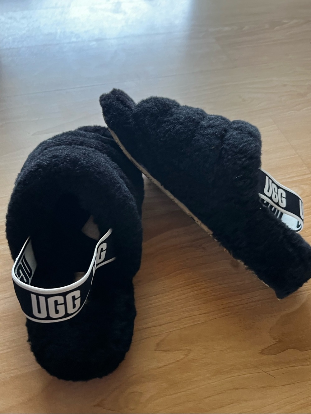 UGG Black Shearling Slide Sandals with Branded Elastic Heel